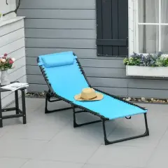 TIRAMISUBEST Folding Chaise Lounge Chair with Pillow, 4-Position Reclining, Bungee Mesh Seat for Pool, Beach, Yard & Patio - Blue