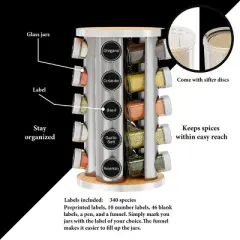 Rotating Spice Rack Organizer with 20 Glass Jars and 386 Labels &ndash; Revolving Countertop or Cabinet Spice Holder