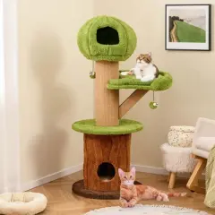 Costway 58" Mushroom Cat Tree for Indoor Cats with 2 Cute Condos Plush Perch Teasing Balls