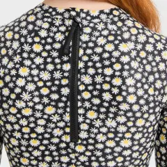 Girls' 'Dozens of Daisies' Floral Printed One Piece Rash Guard Swimsuit - art class&trade; Black