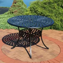 Sunnydaze Outdoor Crossweave Design Black Cast Aluminum Round Patio Dining Table with Umbrella Hole