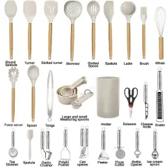 Itopfox Kitchen Utensils Set - 35-Piece Cooking Tools with Silicone Heads & Wooden Handles, Includes Spatula, Spoon, Grater for Nonstick Cookware