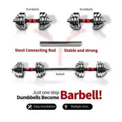 NAYSAYE Dumbbell 110LBS Adjustable Set with 3 in 1 Barbell Connector Chrome Plated Weights for Home Gym, Silver, 36.22"*12.2"*6.29"