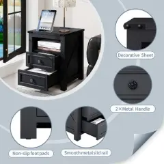 Vipbear Night Stand with Charging Station Rustic 18 Inch Bedside Table with 2 Storage Drawers and Open Shelf,Modern Wood End Table for Bedroom