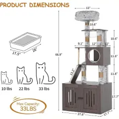 Cat Tree Tower with Litter Box Enclosure 66.9in Condo with Perch & Scratching Posts - Plush Nest, Multi-Tier Play & Rest