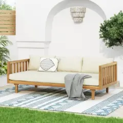 Outdoor 3 Seater Acacia Wood Daybed,Fabric Upholstered Sofa Bed,Open Slat Paneling Armrests Daybed For Patio Backyard,Garden-Coolbibila