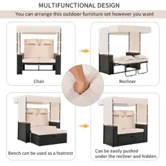 2-Piece Outdoor Rattan Daybed, Outdoor Bed with 5 Positions, Outdoor Loveseat Patio Sofa with Bench Lounge Roof Set and Cushions