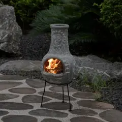 Vintiquewise Outdoor Clay Chiminea Fireplace Sun Design Wood Burning Fire Pit with Sturdy Metal Stand, Barbecue, Cocktail Party, Cozy Nights Fire Pit
