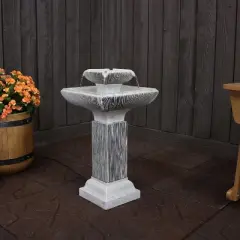 Sunnydaze 26"H Electric Resin 2-Tier Outdoor Square Bird Bath Water Fountain with LED Lights