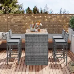 5 Piece Outdoor Wicker Bar Set, Bar Chairs with Cushions,Non-Slip Feet for Patio, Acacia Wood Bar Table with Wicker for Garden or Poolside-Koiai