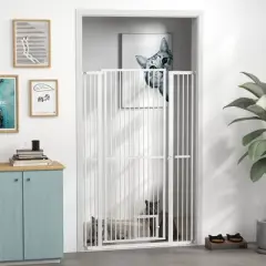 PawHut 59" Extra Tall Pet Gate for Cats, 30"-41" Dog Gate with Cat Door, 1.4" Narrow Gap, 2.8" and 5.5" Extension, for Doorway, Hallway, Stairway