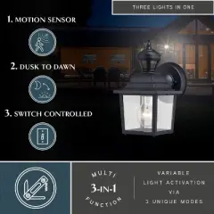 VAXCEL Bedford Aluminum 5.25-in. W 1 Light Motion Sensor Dusk to Dawn Outdoor Wall Lantern Clear Glass