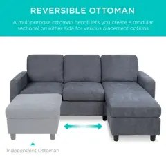 Best Choice Products Upholstered Sectional Sofa Couch w/ Chaise Lounge, 3-Seat Design, Ottoman Bench