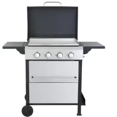 Dolonm 4-Burner 49,200 BTU Gas Grill w/Stainless Plancha & XL Enamel Grids - Foldable Side Tables, 6 Hooks - Outdoor BBQ