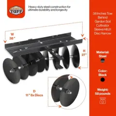 Field Tuff Steel Tow Behind Sleeve Hitch Garden Cultivator Soil Tiller Disc Harrow Tractor Attachment with 39 Inch Working Width, 11 Inch Discs, Black