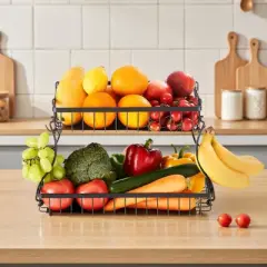 VEVOR 2 Tier Fruit Basket, Countertop Fruits Vegetable Bowl with Banana Hangers, Metal Wire Storage Stand for Kitchen Counter, Black