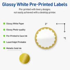 Avery Printable Round Labels, Gold Edge Dots, 3" Diameter, Glossy White Round Labels, Permanent, Laser/Inkjet, 60ct, Great for Product Labels