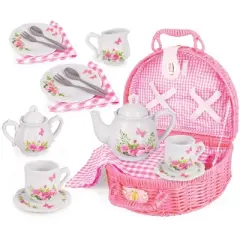 Jewelkeeper Porcelain Tea Set with Picnic Basket - Pink - 18 Pieces