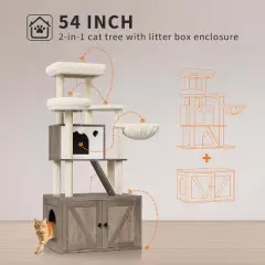 Litter Box Enclosure with Cat Tree Tower and Condo, Hidden Cat Washroom Furniture with Sisal Scratching Post & Soft Plush Perch
