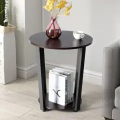 Tangkula 2-Tier Industrial Round End Table Metal Sofa Side Table W/ Storage Shelf