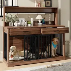 ModernLuxe Heavy Duty Dog Crate Furniture with Storage Drawers & Shelves, Indoor Dog Cage End Table with Sliding Door, Brown (Medium / Large)