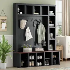 TIRAMISUBEST Farmhouse Wooden Style Hall Tree- Black Entryway Organizer