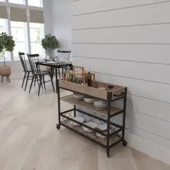 Merrick Lane Rolling Kitchen Serving and Bar Cart with Shelves and Wine Glass Holders in Distressed Light Oak Wood and Black Iron