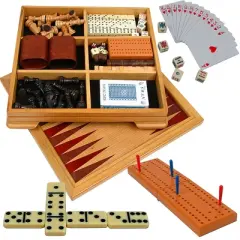 Toy Time 7-in-1 Deluxe Wood Board Game Set - Chess, Checkers, Backgammon, Dominoes, Cribbage, Poker Dice, and Standard 52-Card Deck