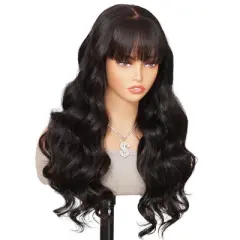 Jessie's Wig 24 Inch Body Wave Human Hair Glueless Wig With Bangs 5x5 Pre Cut Lace Black 1 Pcs/Pack