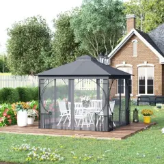 Outsunny 10' x 10' Patio Gazebo Canopy Outdoor Pavilion with Mesh Netting SideWalls, 2-Tier Polyester Roof, & Steel Frame, Dark gray