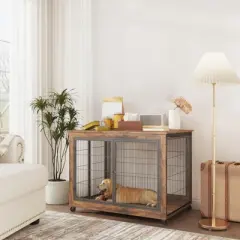 Dog Crate Furniture, Side End Table, Modern Wooden Kennel with Doors, Top Opening and Closing & Bottom Wheels for Medium Large Dogs up to 70 lb