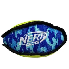 NERF 7" Tuff Rubber Camo Plush Football Polly Filled Dog Toy - Green/Blue