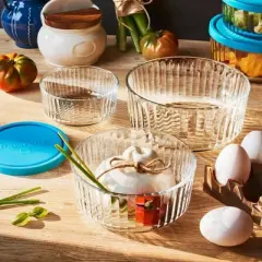 Bormioli Rocco Frigoverre Brilliante Set, Ribbed Round Glass Containers with Covers - Scratch-Resistant - Microwave, Freezer, Dishwasher Safe