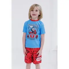 Thomas & Friends Toddler Boys UPF 50+ Rash Guard and Swim Trunks Outfit Set Bright Blue / Red 5T