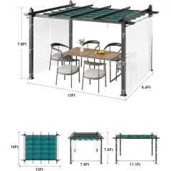 10x10ft Outdoor Aluminum Pergola Blue UV Block Canopy, Mesh Net, Rustproof Gray Frame, Tool-Free Assembly, Blue Curtains