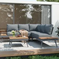 4 Piece Outdoor V Shaped Aluminum Patio Sectional Sofa Set with Side Tables and Coffee Table for Deck Garden Balcony or Poolside-Maison Boucle