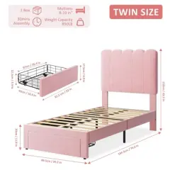 2 Sets Twin Bed Frame with Under-Bed Drawer, Velvet Upholstered Platform Bed with Wave Headboard,No Box Spring Needed
