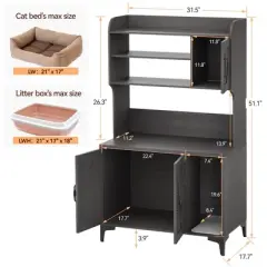 Homhougo Large Cat Litter Box Enclosure Furniture with 3 Open Shelves and Storage Cabinet, Farmhouse Cat House Washroom
