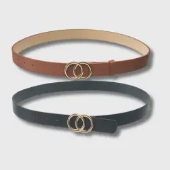 A Little Obsessed Youth Girls 2-Pack PU Leather Belts with Status Buckles (Size 6-12, Waist Size 18"-22") Girls Belts in Black and Brown