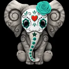 Junior's Design By Humans Blue Day of the Dead Sugar Skull Baby Elephant By jeffbartels T-Shirt