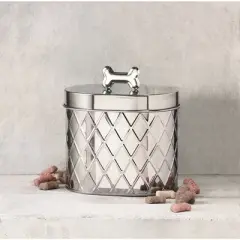 Amici Pet Chance Diamond Metal Canister - 52 Oz Stainless Steel Food Safe Storage with Silver Bone Handle Lid, Decorative Container - (6" H x 4.5" W)