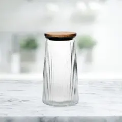 Amici Home Hawthorn Glass Canister, Airtight Storage Jar, Ribbed Glass with Acacia Lid