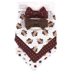 Hudson Baby Infant Girl Cotton Bib and Headband Set 5pk, Girl Turkey, One Size