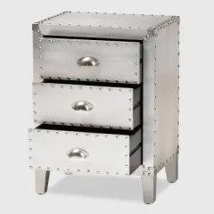 Claude Metal 3 Drawer Nightstand Silver - Baxton Studio: Vintage-Inspired, Rivet Detail, Fully Assembled