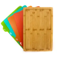 BergHOFF Bamboo Cutting Board with 4Pc Flexible Plastic Cutting Board Inserts, 16.5x 11.8x 1.1"