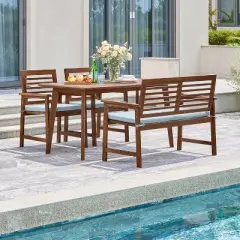 4pc Farmhouse Slatted Eucalyptus Wood Patio Dining Set with Bench - Vifah
