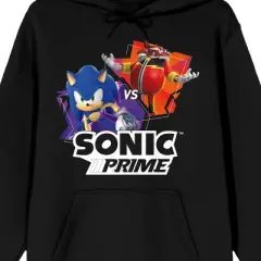 Sonic Prime Sonic Vs Eggman Long Sleeve Black Adult Hooded Sweatshirt