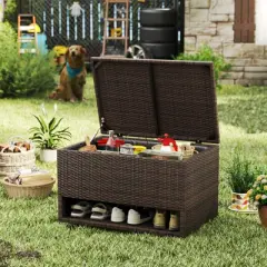 Tangkula 48 Gallon PE Wicker Rattan Deck Box w/ Shoe Rack Outdoor Storage Bin w/ Protective Liner