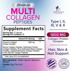 Multi Collagen Supplement, Type I, II, III, V, X Collagen Pills, Collagen Supplements, Hair, Skin, Nail & Joint - 240 Capsules By Nature's Nutrition