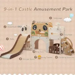 Sandinrayli 9-in-1 Toddler Slide and Climber Set Indoor Outdoor kids Slide Playset Brown